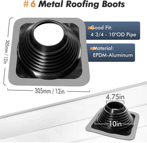 #6 Epdm Metal Roof Vent Boot, Flexible Roofing Boots Fits Pipe Od 4 3/4'' to 10'', Metal Roof Jacks Flashing for
