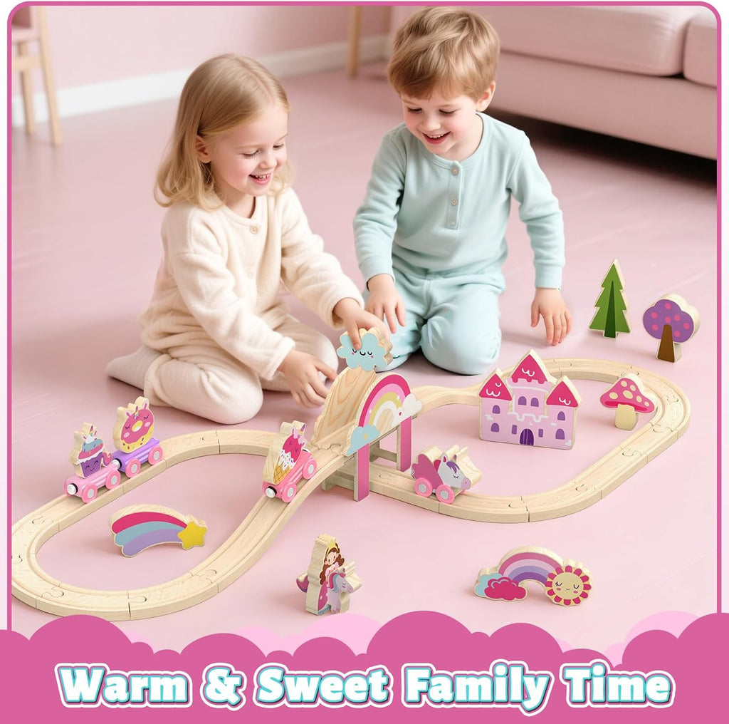 Wooden Train Set for Girls, Pink Unicorn Train Set | Princess and Castle Pieces for Imaginative Play, Compatible with