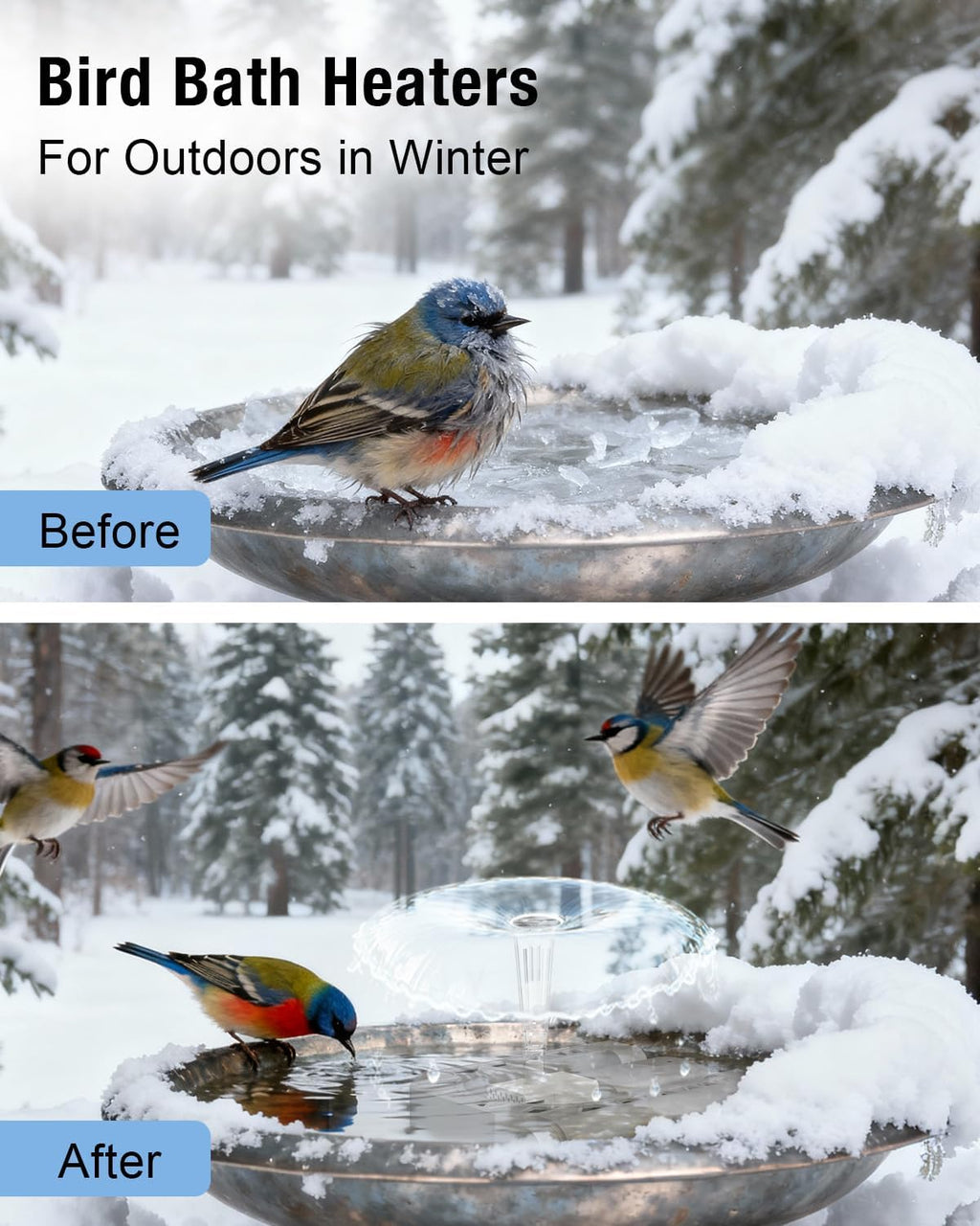 500W Bird Bath Heater with Fountain, Outdoor Cast Aluminum Submersible De-Icer with Thermostat, Birds Bath Water
