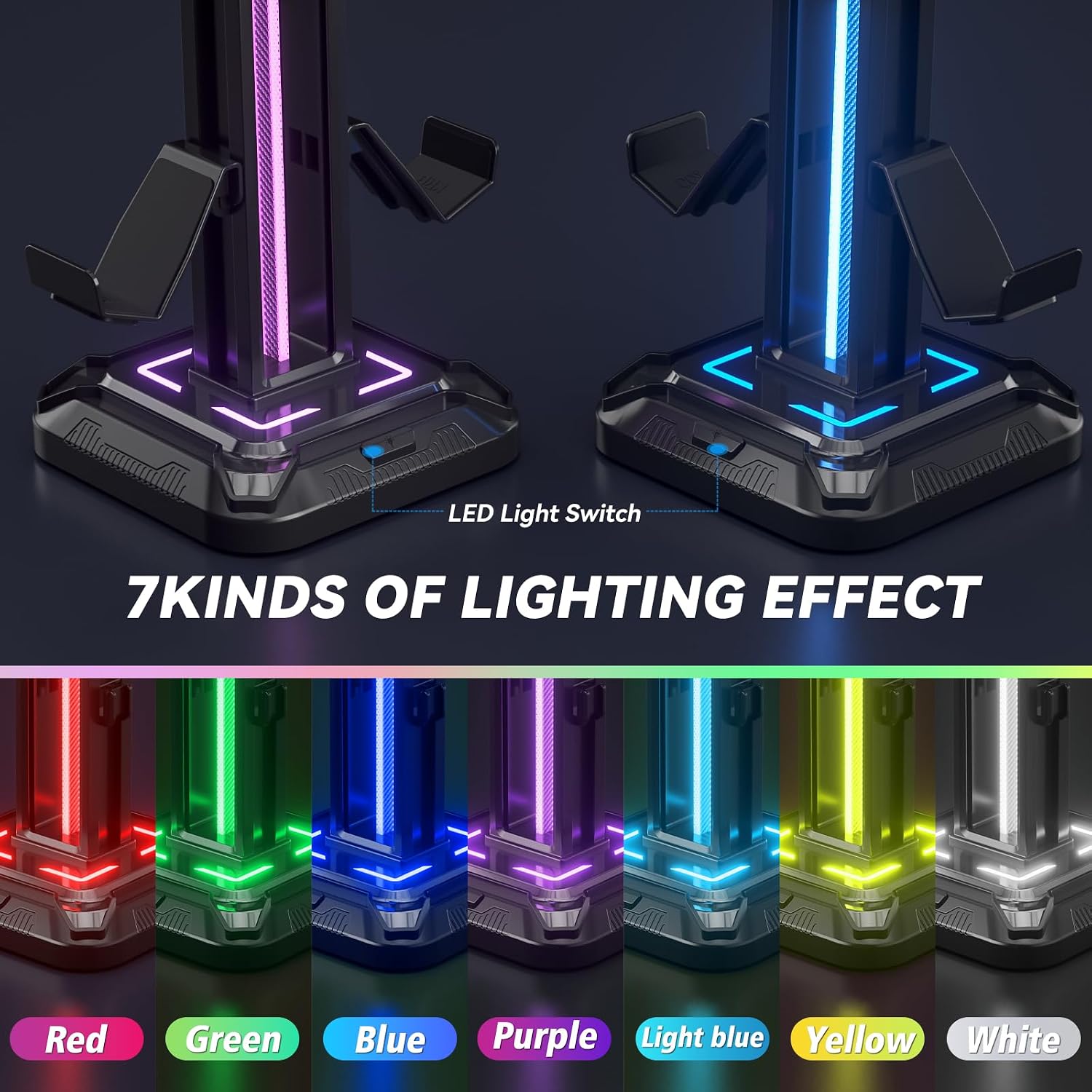 RGB Headset Stand with 9 Light Modes - Controller Holder for Desk - Rotatable Headphone Stand & Detachable Controller