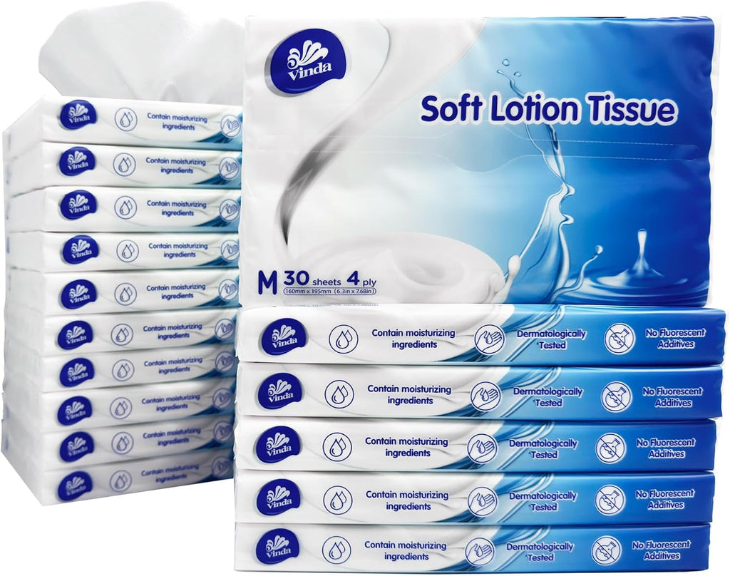 Car Tissues with Lotion, 4-Ply Facial Tissues, 16 Packs, 480 sheets