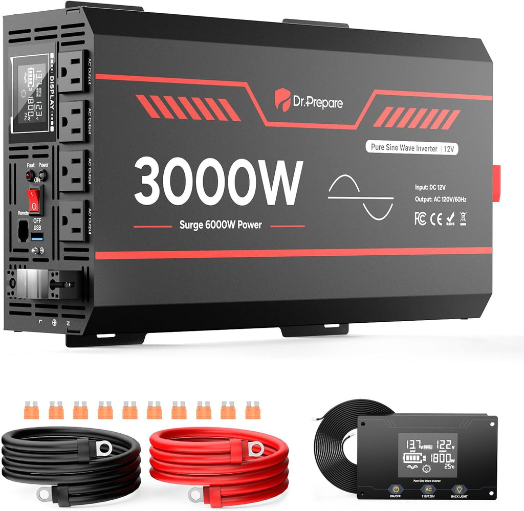 3000W Pure Sine Wave Inverter 12V DC to 110V AC Converter, w/ 6000W Peak, GFCI Protection, 4X AC Sockets, Hardwire