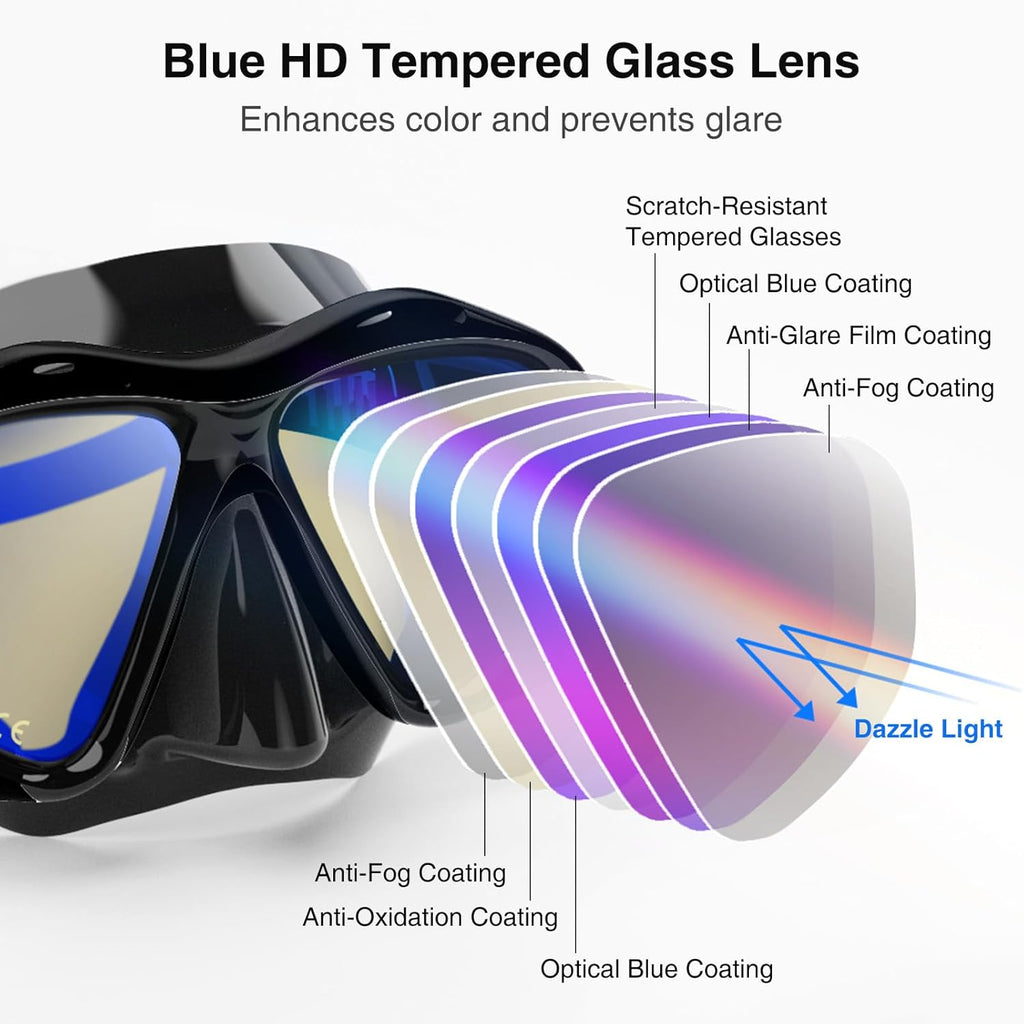 Snorkeling Gear for Adults, Snorkel Mask With Mirrored Tempered Glass Lens 180° Wide View Anti-Fog Scuba Diving Mask