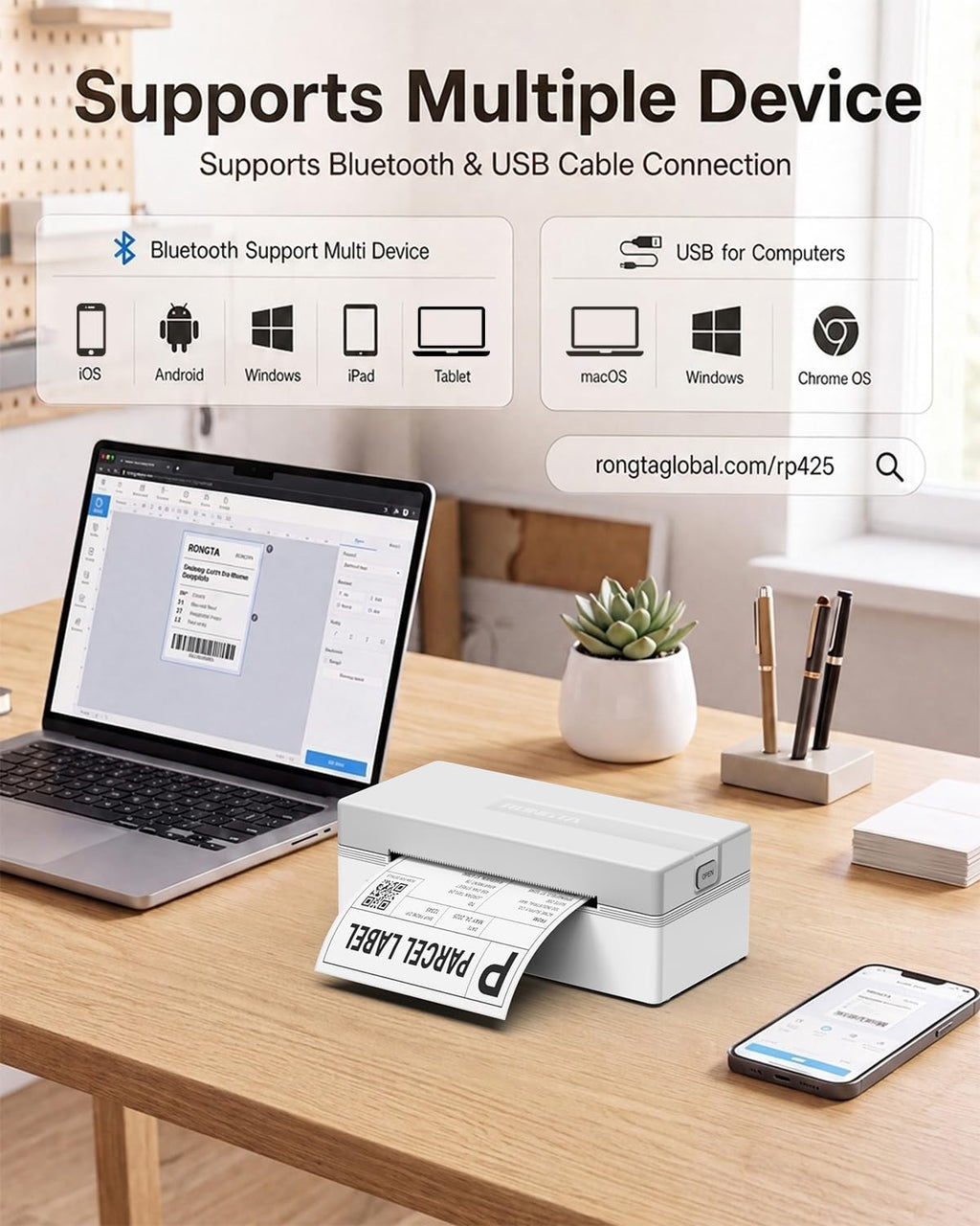 Shipping Label Printer Bluetooth 4x6 Thermal Label Printer, White