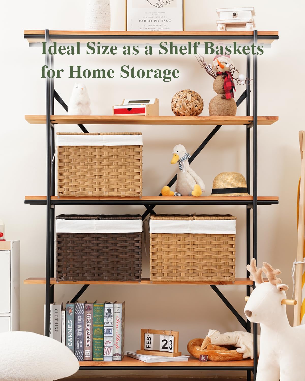 Storage Basket with Lid Woven Wicker Baskets with 2 Separate Lid, 9.2 Gallon (35 L) Wicker Storage Bins with Handles