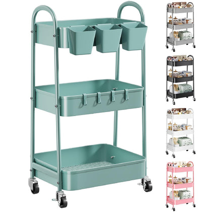 3 Tier Green Metal Rolling Cart with Lockable Wheels, 3 Tiered Roller Shelf