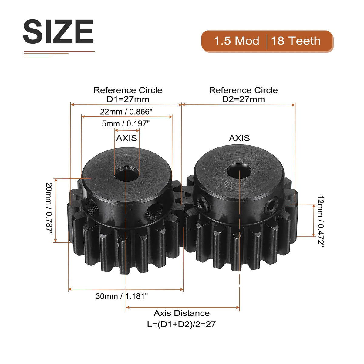 DTGN Spur Gear 1.5Mod 18 Teeth 12mm Thickness 5mm Bore 2Pcs