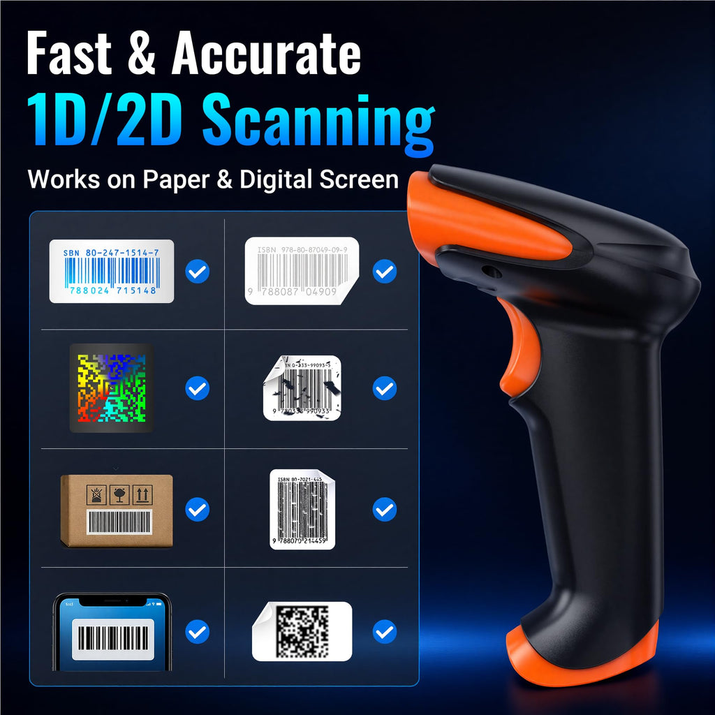 Barcode Scanner 2D Wireless Handheld: BT 2.4G USB, HW0002-O, Orange