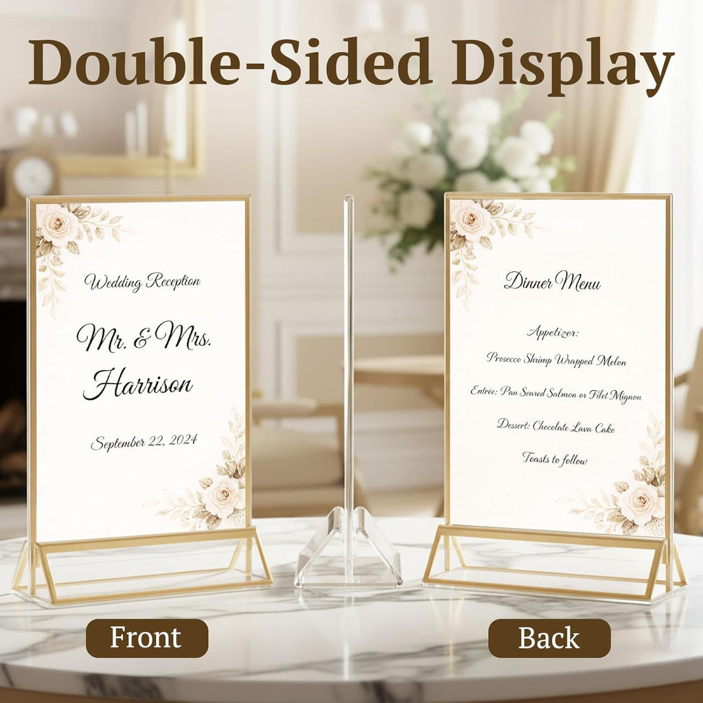 2 Pack Acrylic Sign Holder 4 x 6, Double Sided Gold Picture Frame Stand up Table Top Sign Holders, Clear Display