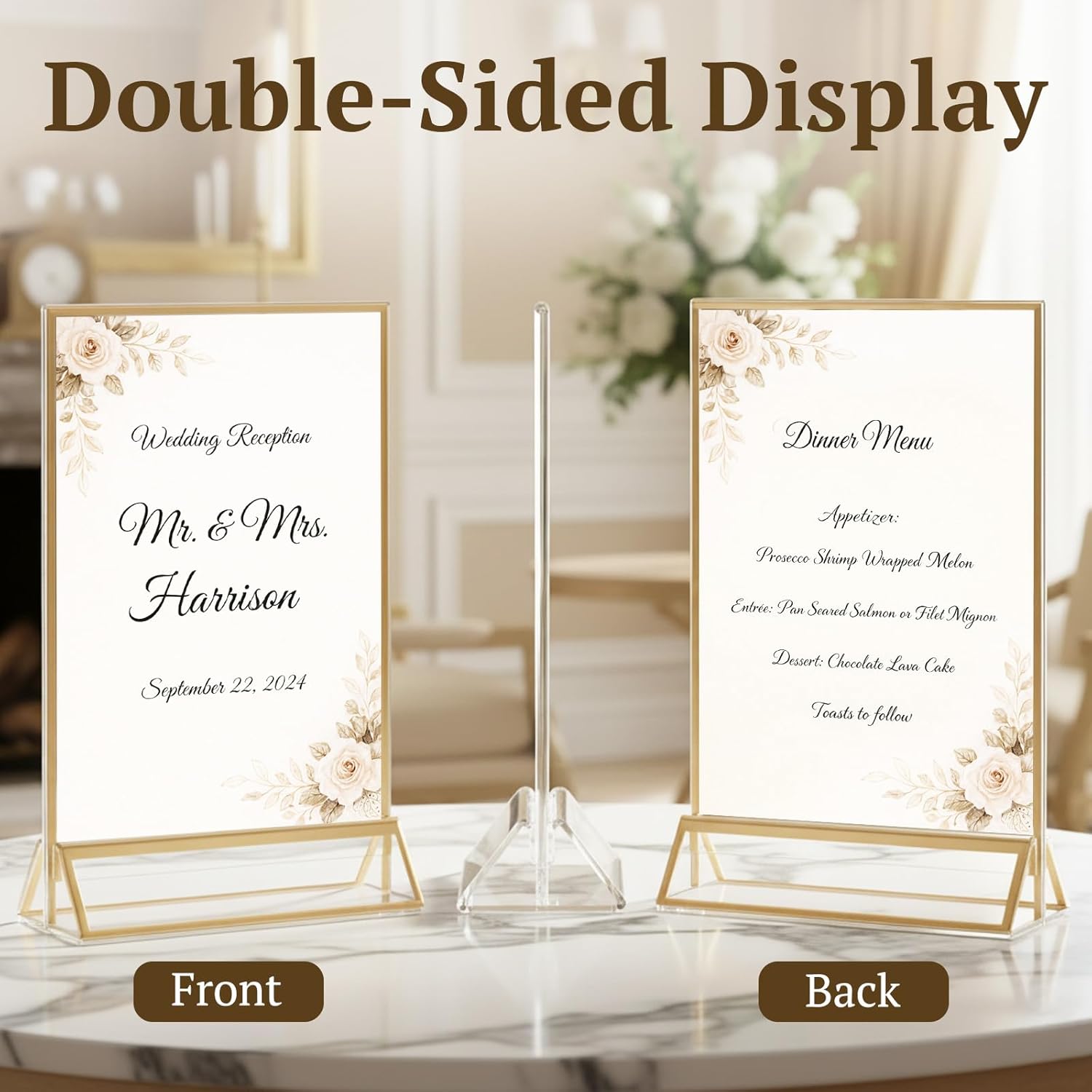 2 Pack Acrylic Sign Holder 4 x 6, Double Sided Gold Picture Frame Stand up Table Top Sign Holders, Clear Display
