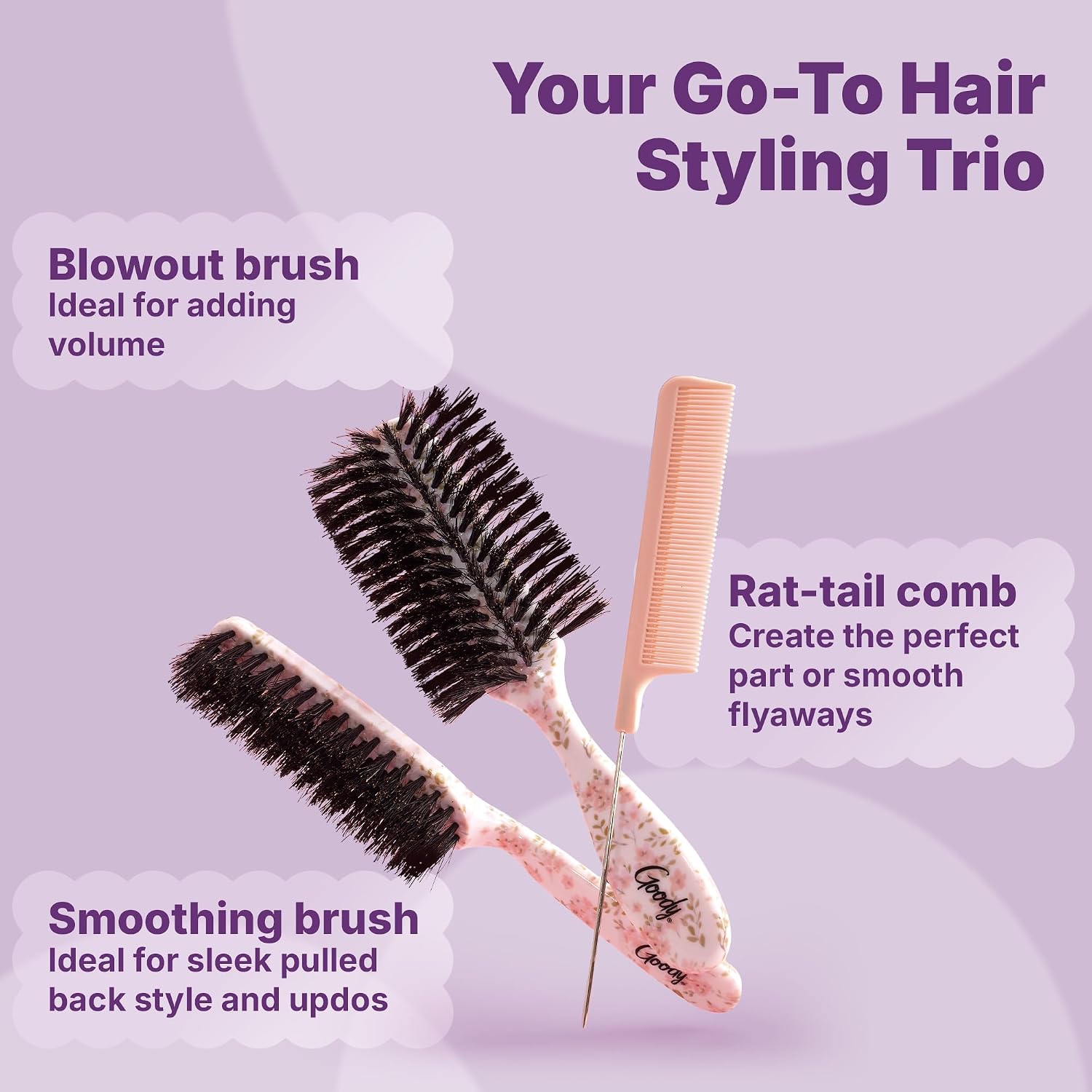 3-Piece Styling Hairbrush Set, Floral Pattern, Boar Bristle Smoothing Brush for Shine, Half-Round 180° Brush for