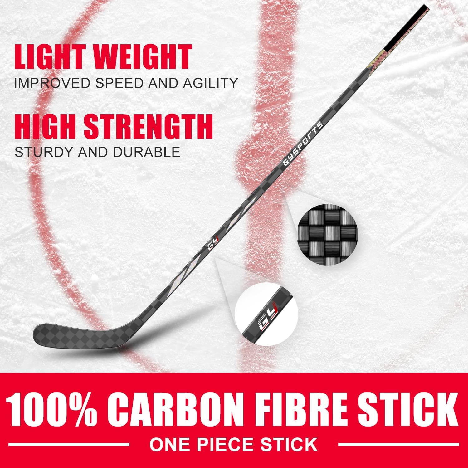 Ice Hockey Stick Senior Professional 100% Carbon Fibre Hockey Stick Adult 66"" Length, Shaft Woven UD 24K / Fle 75