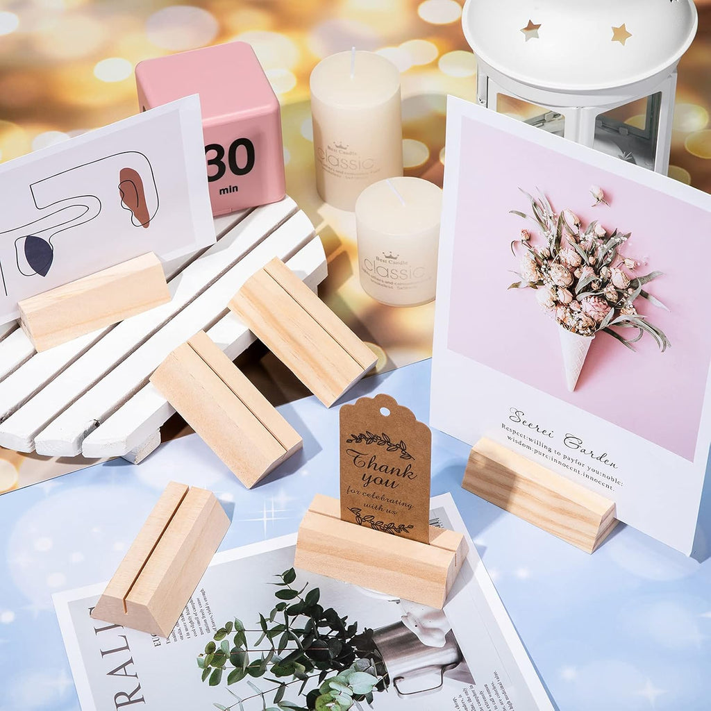 12 Pcs Wood Place Card Holders 3 x 1.57'' Trapezoidal Wooden Table Number Holder Sign Support Stand for Name Card for