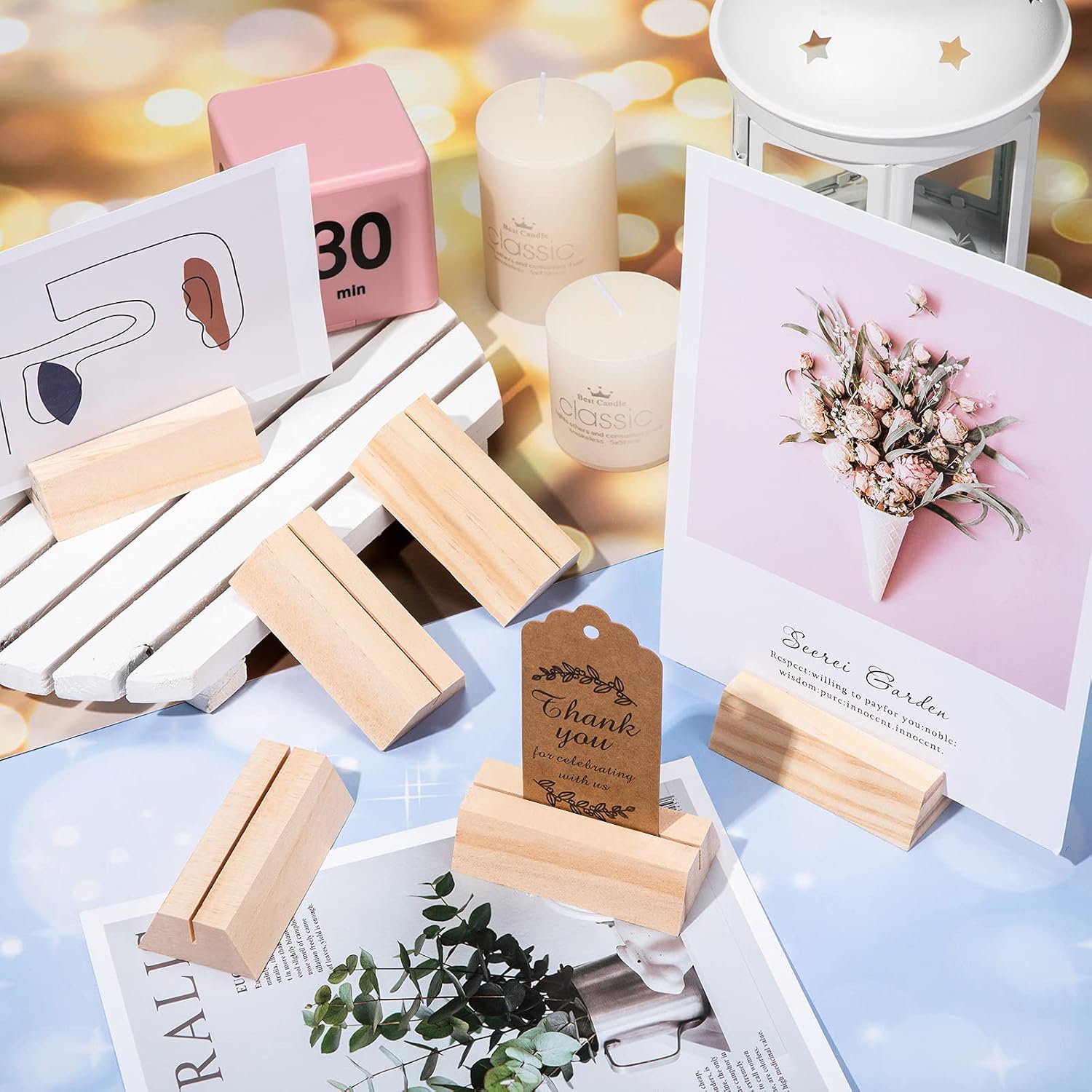 12 Pcs Wood Place Card Holders 3 x 1.57'' Trapezoidal Wooden Table Number Holder Sign Support Stand for Name Card for
