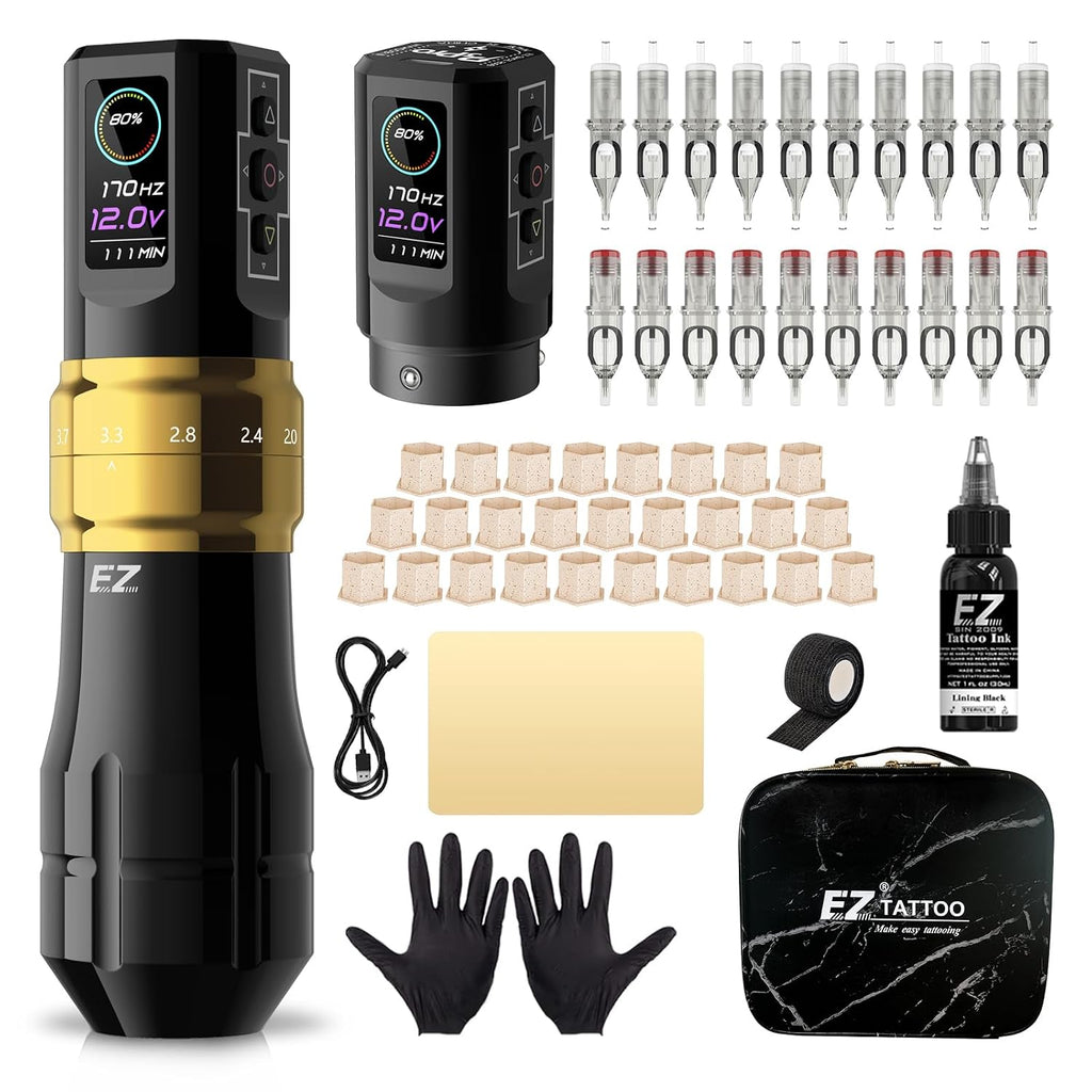 EZ P3 Pro Tattoo Kit, Complete Tattoo Gun Kit 6 Strokes Wireless Tattoo Pen Machine with Extra 1600mAh Power Supply