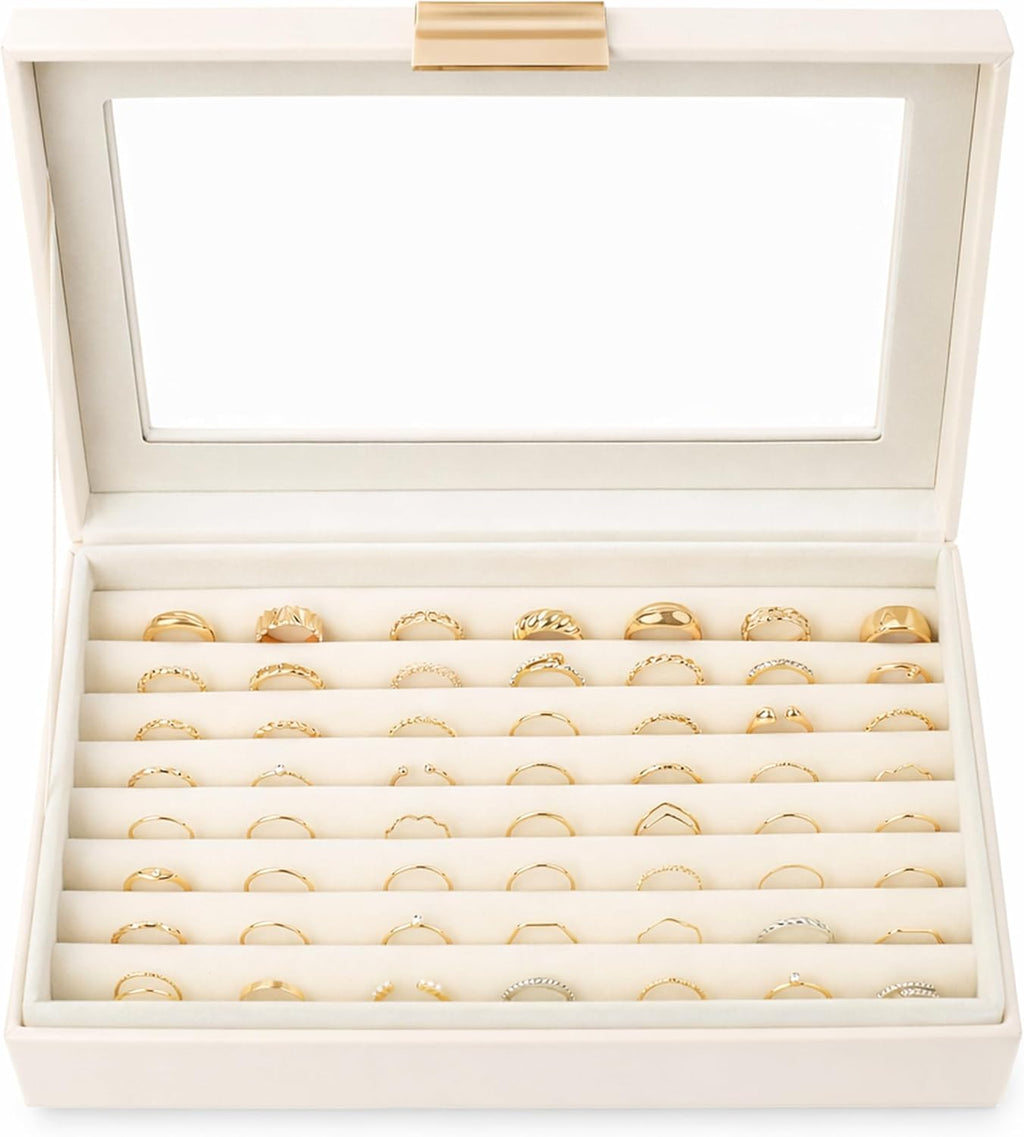Ring and Earring Jewelry Display Box – Holds Up to 80 Rings, Faux Leather Jewelry Box with Velvet Interior and Clear