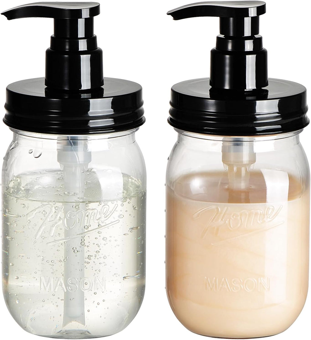 Plastic Mason Jar Soap Dispenser with Pump Lid 16OZ, 2 Pack | Refillable BPA-Free Hand Soap Dispenser Set with Cute