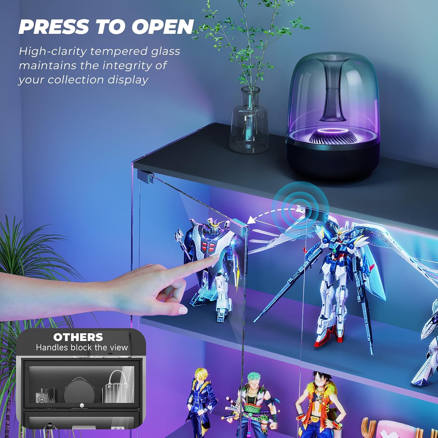 Glass Display Cabinet with RGB LED Lights, Full-View Display, 3-Tier Display Case with Glass Doors for Collectibles