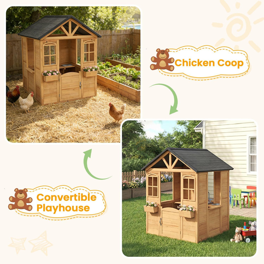 All Spruce Outdoor Kids Playhouse, Toddler Wooden Playhouse for Kids Ages 3-8, with Sink, Stove, Flower Pot Holders