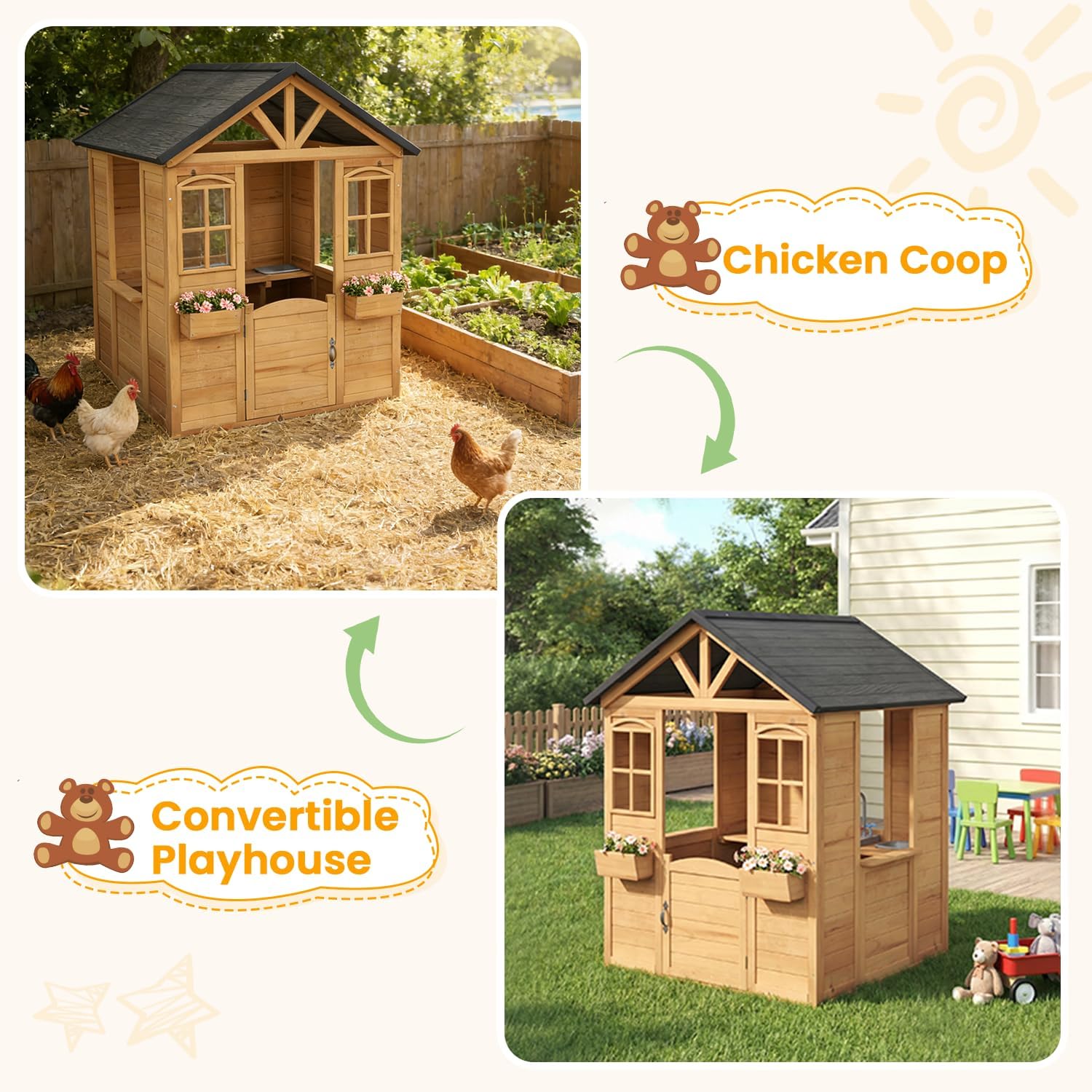 All Spruce Outdoor Kids Playhouse, Toddler Wooden Playhouse for Kids Ages 3-8, with Sink, Stove, Flower Pot Holders