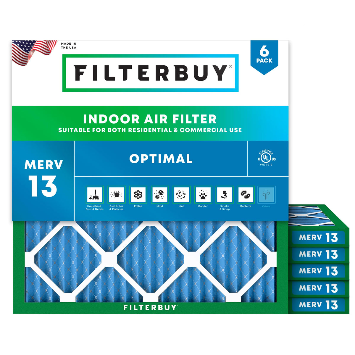 17.5x17.5x1 Air Filter MERV 13 Smoke & Allergy Defense (6-Pack)