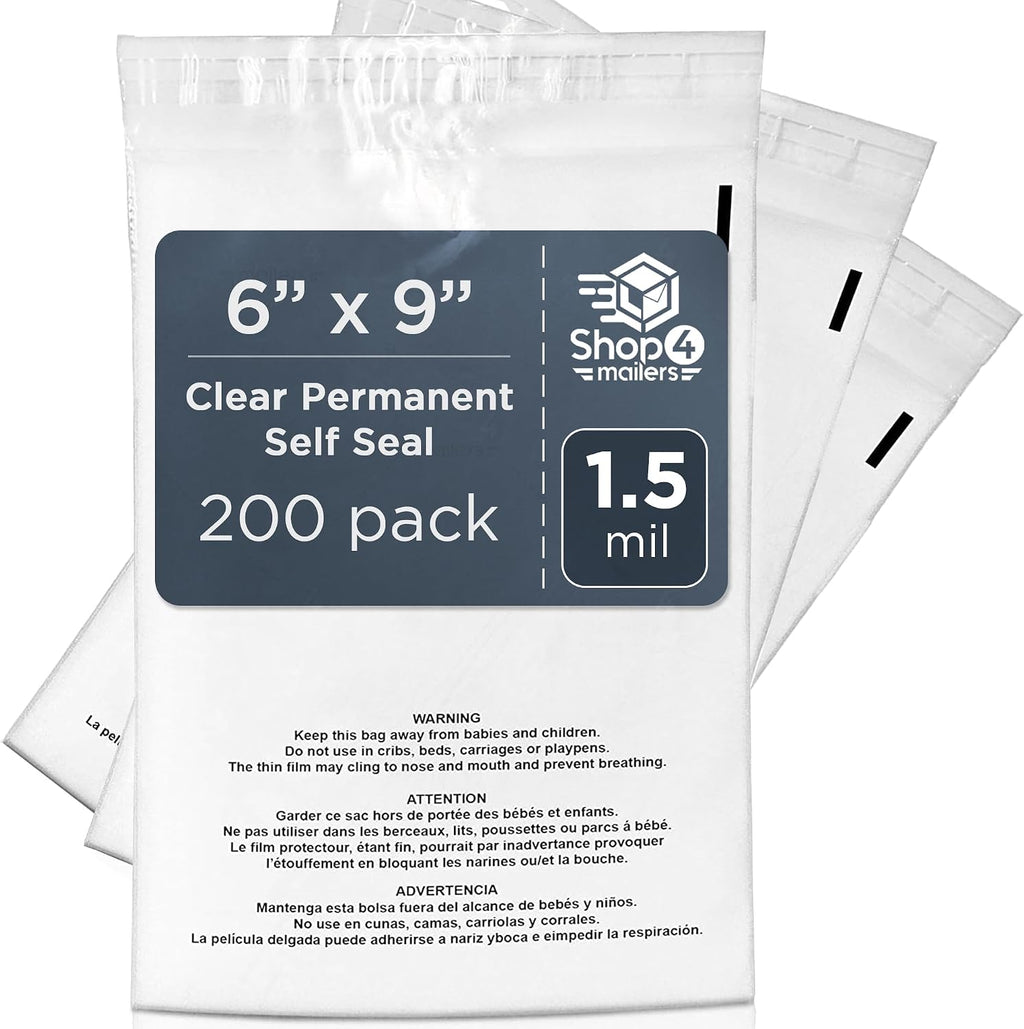 200 Count 6x9 Clear Poly Bags with Suffocation Warning, 1.5 Mil