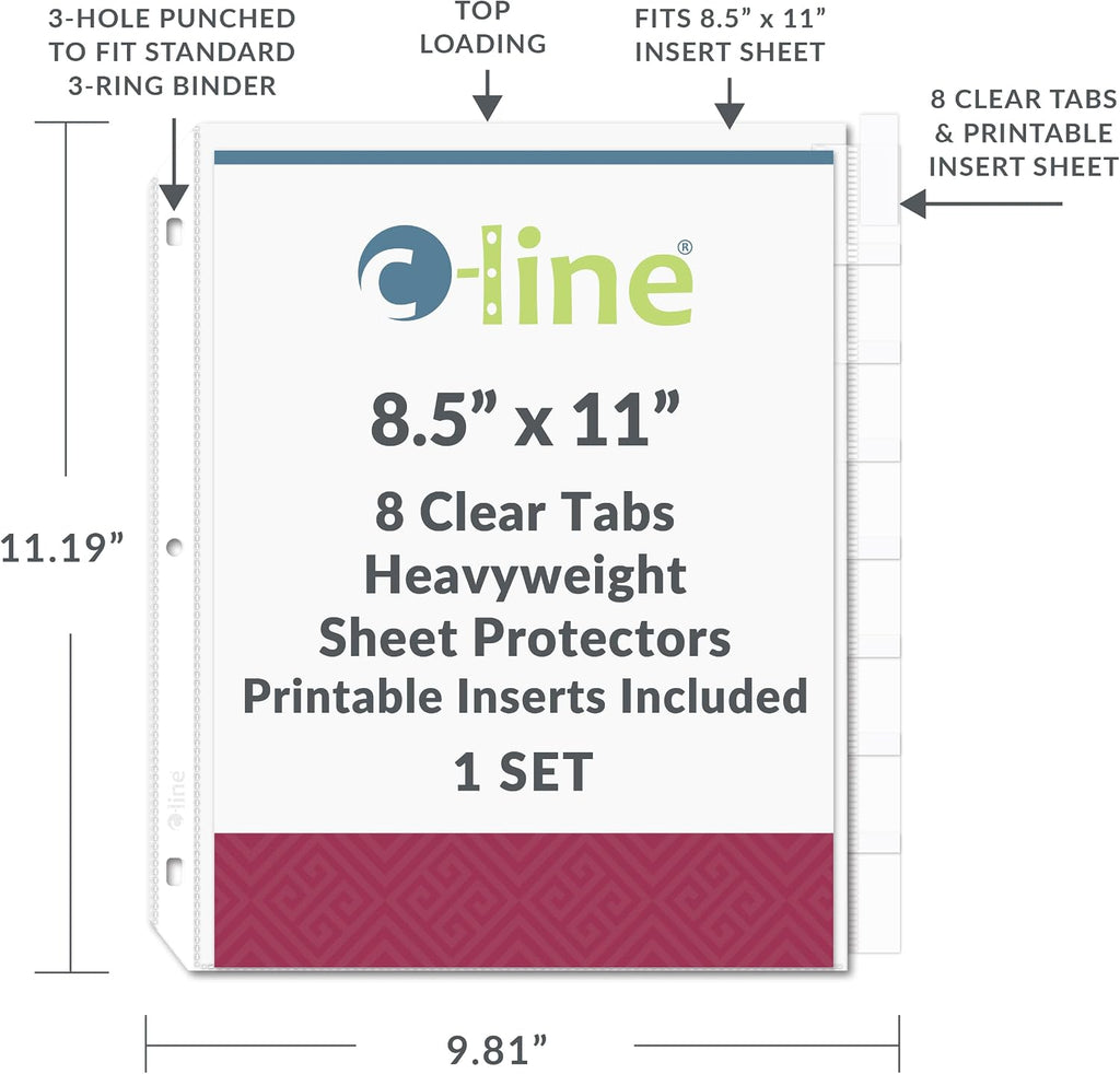 Sheet Protectors with Index Tabs, Clear Tabs, 2", 11 x 8.5, 8/Set