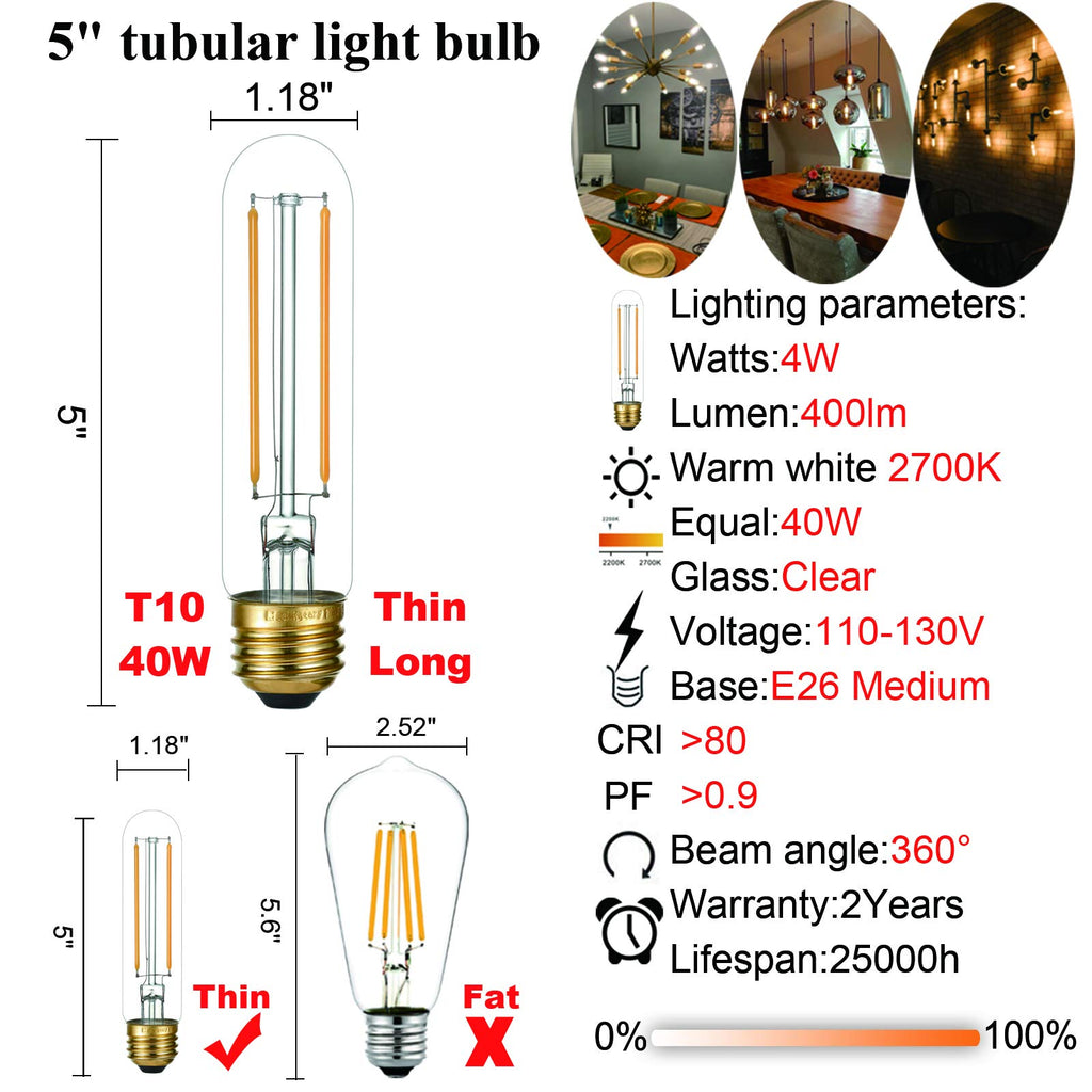 T10 Led Bulb,Dimmable,E26 Led Bulb 40w,Warm White 2700K,Clear
