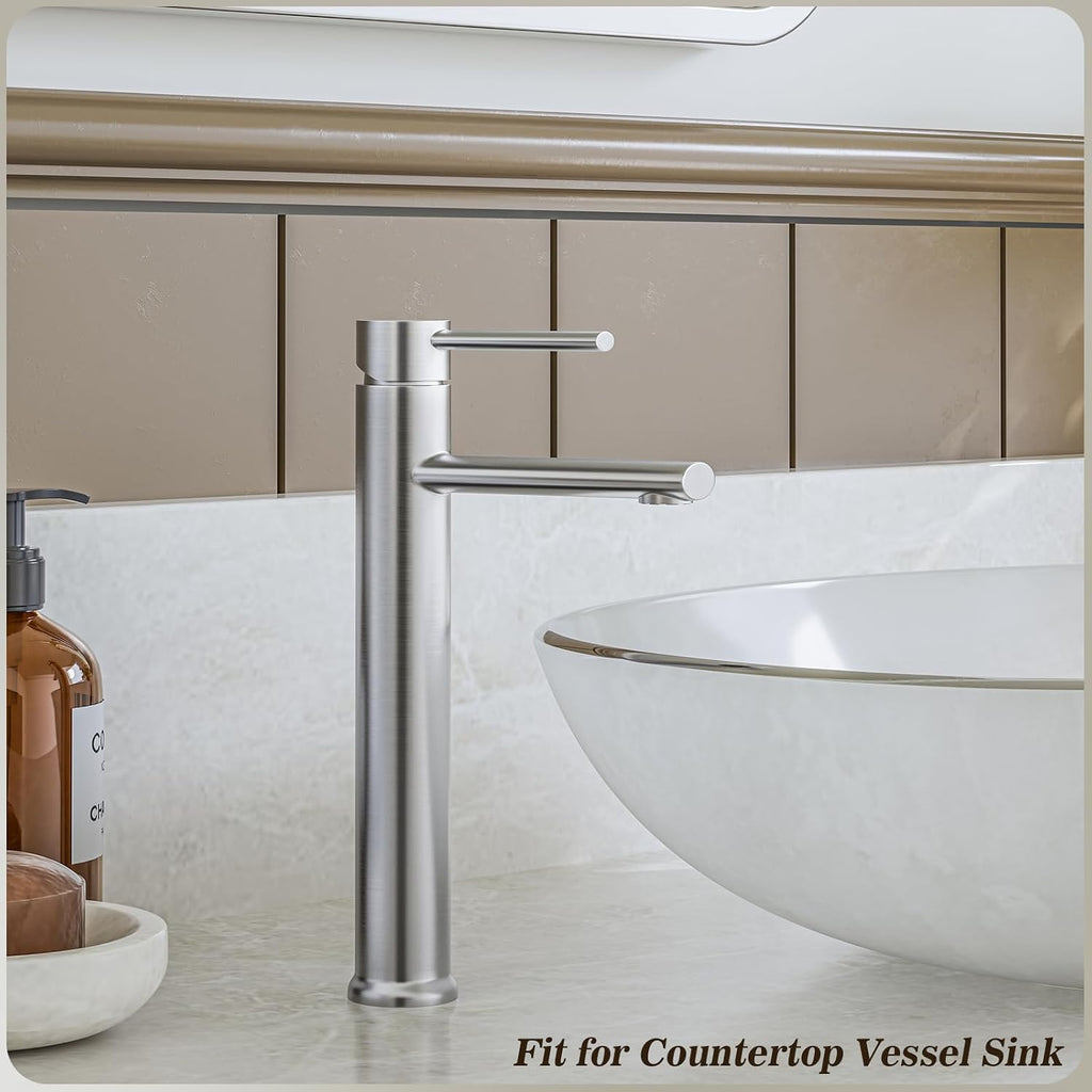 Brushed Nickel Vessel Sink Faucet, Tall Bathroom Faucets 1 Hole Single Handle Above Counter Sink Bathroom Faucet