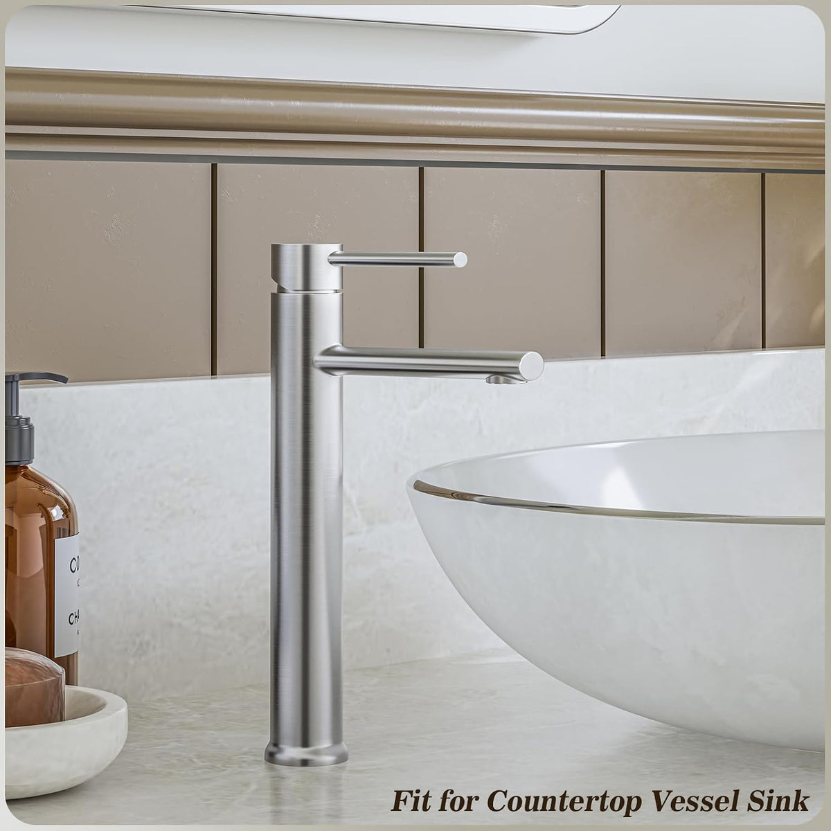 Brushed Nickel Vessel Sink Faucet, Tall Bathroom Faucets 1 Hole Single Handle Above Counter Sink Bathroom Faucet