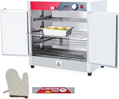 Commercial Hot Box Food Warmer - Double Door, 4-Shelf Stainless Steel Heated Cabinet, 850W with Water Tray, Insulated