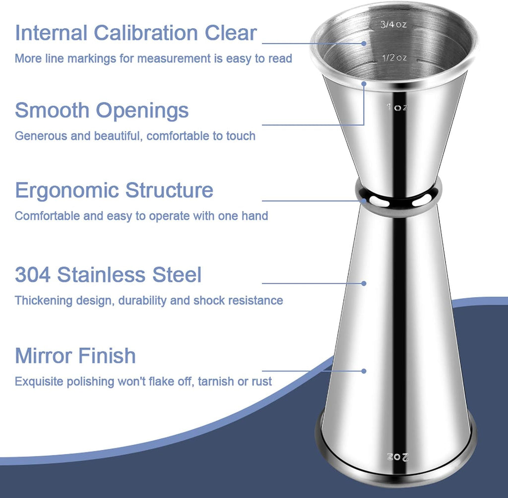 2Pcs Double Cocktail Jigger for Bartending, 2OZ & 1OZ, Rolled Edge