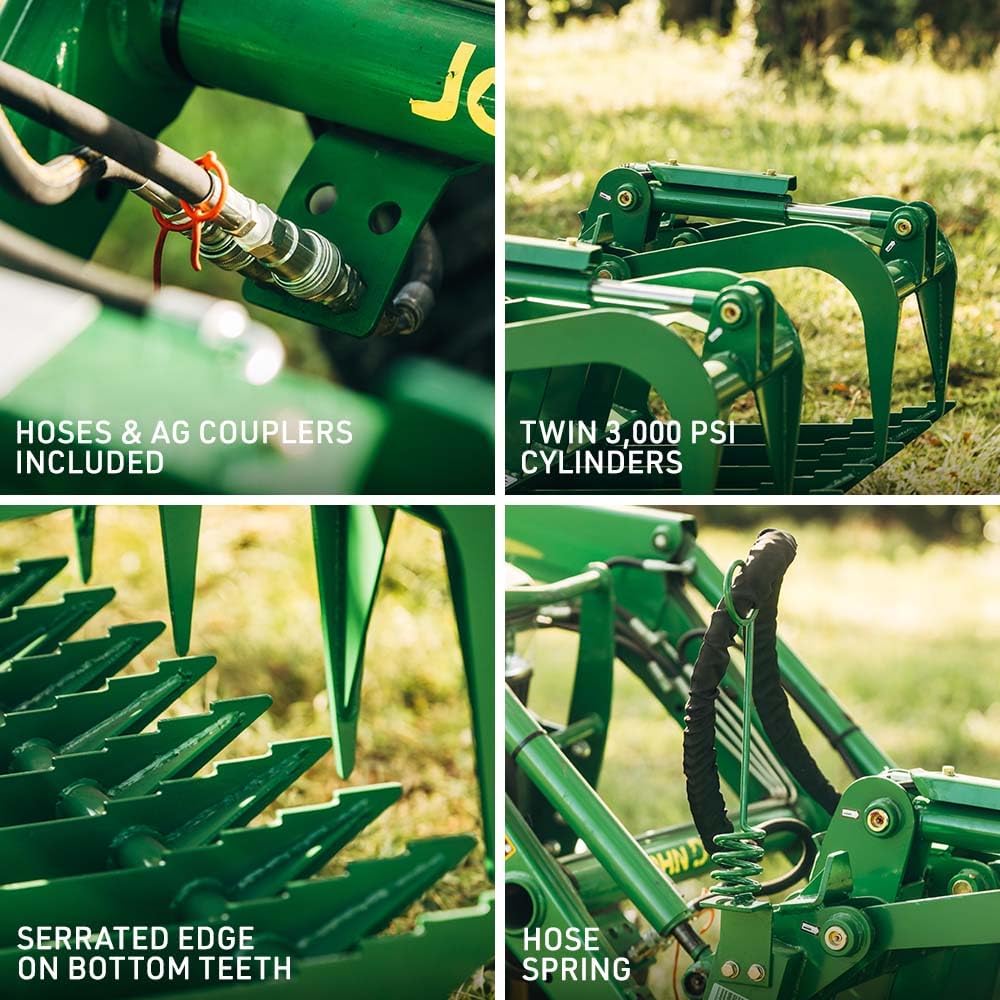 60" Standard Series Root Grapple Bucket Fits John Deere Hook and Pin, Dual Cylinder Hydraulic Design for Medium-Duty