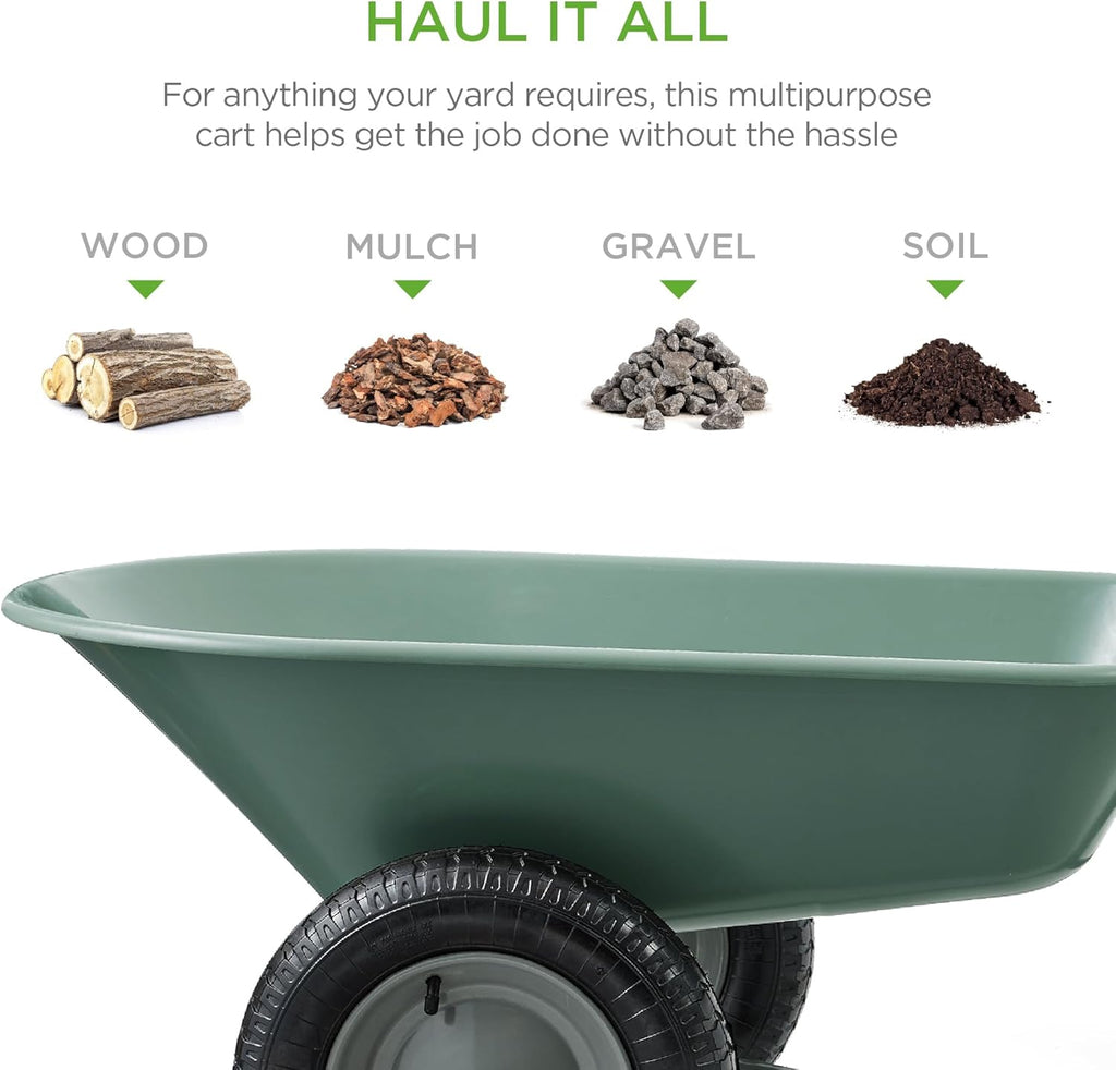 Dual-Wheel Home Utility Yard Wheelbarrow Garden Cart w/Built-in Stand for Lawn, Gardening, Construction - Seafoam
