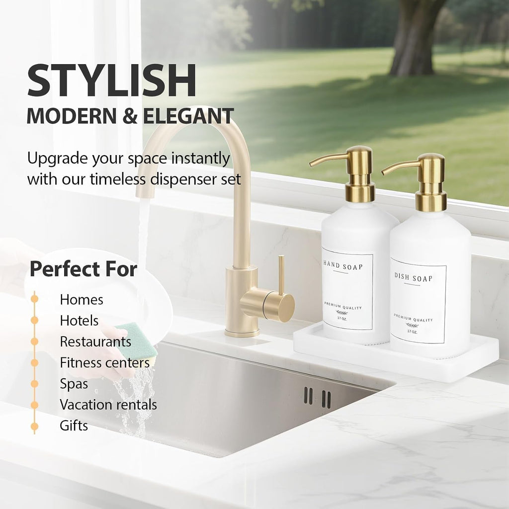Gold Soap Dispenser Set, Glass Hand and Dish Soap Dispenser Set with Tray,Stainless Pump,14 Stickers for