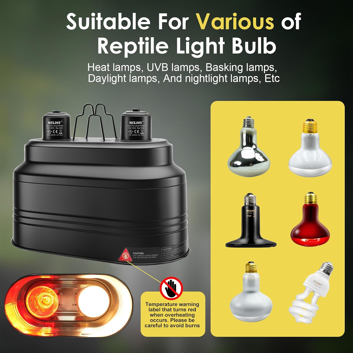 Dual Reptile Light Fixture, Max 160W Each Heat Lamp Fixture with Separate Switches, Fits Reptile Light/Heat Lamp/UVB