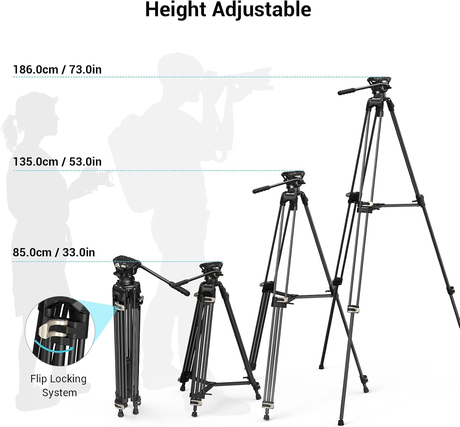 AD-01 Video Tripod, 73" Heavy Duty Tripod with 360 Degree Fluid Head and Quick Release Plate for DSLR, Camcorder