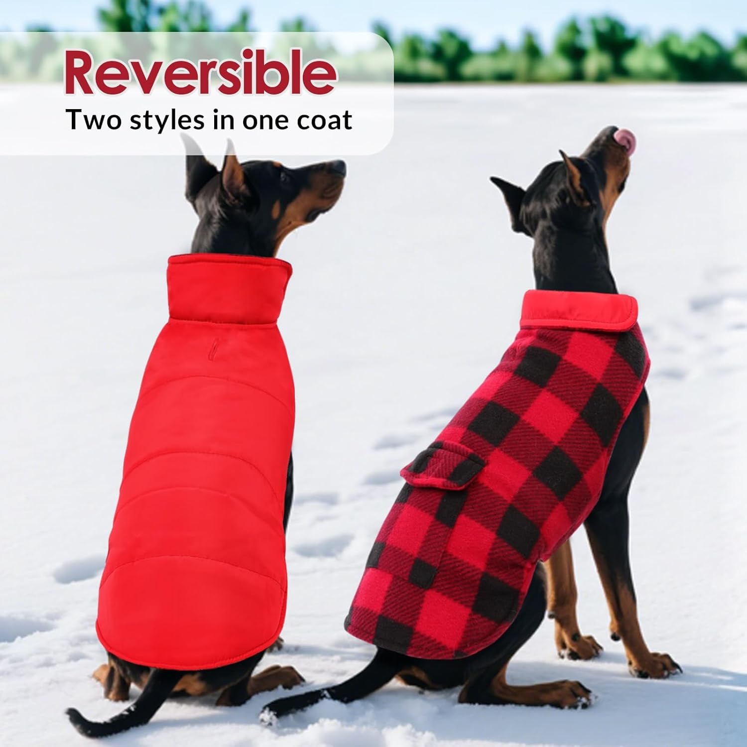 Dog Winter Coat, Fleece Doggie Jacket Plaid Reversible Vest Waterproof Windproof Cold Weather Clothes for Small