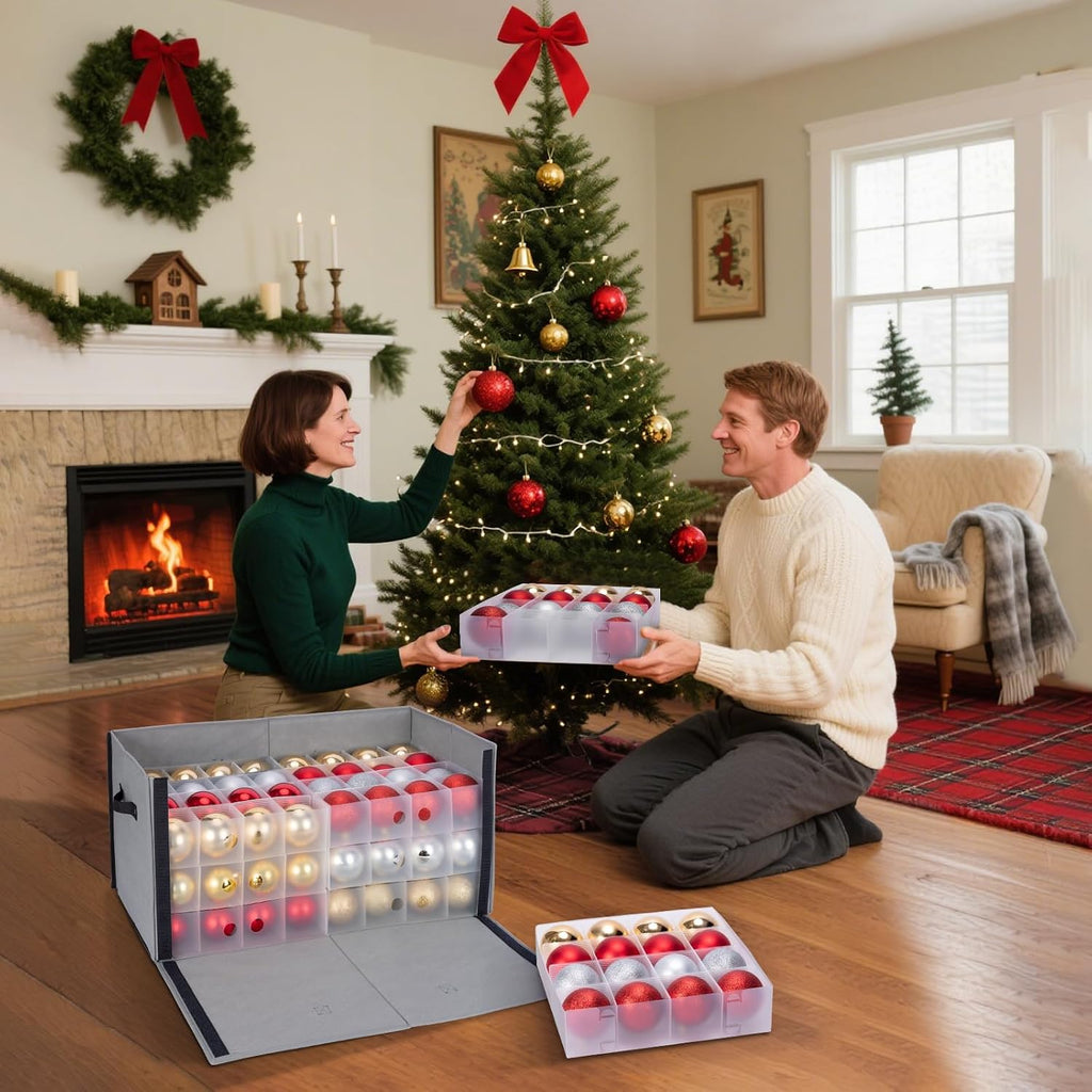 Christmas Ornament Storage Box with Dividers, Premium Holiday Ornaments Storage Container Bin for Xmas Decorations