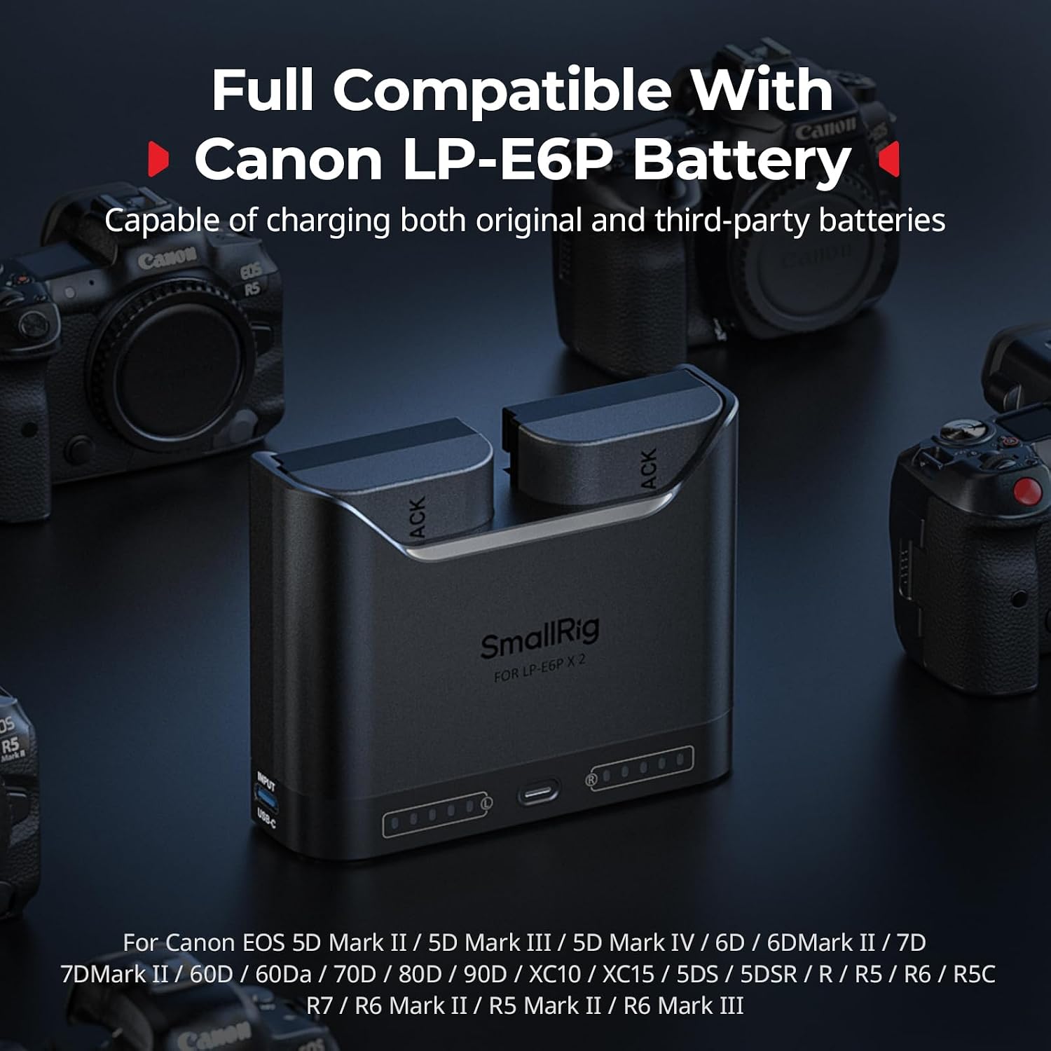 LP-E6P Battery Set for Canon, Real 2520mAh, 2.5H 22.5W Dual Slot | USB-C Charger, LED Display, for Canon EOS R6V,R6