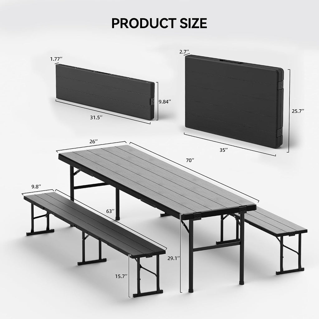 6FT Folding Table & Chair Set, Seats 6-8, Portable Black | Chairs Store Inside Table to Form Carrying Case HDPE&Steel