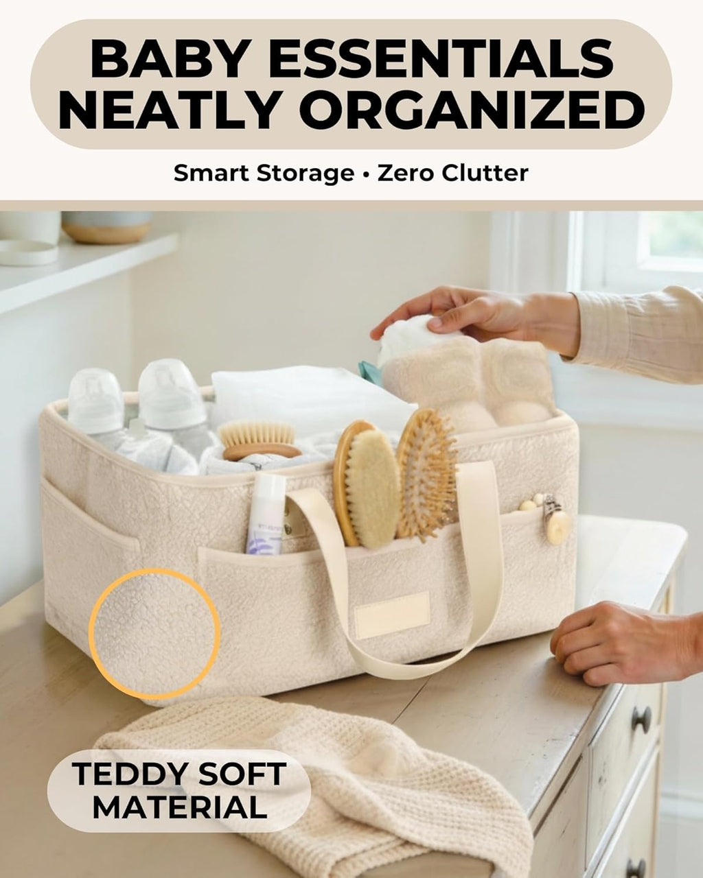 Baby Diaper Caddy Organizer with Portable Changing Mat - Teddy Fleece Diaper Organizer for Changing Table - Basket