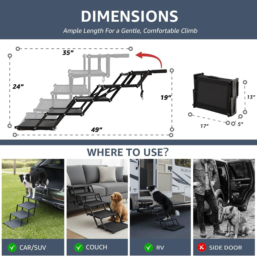 Foldable Dog Stairs for Large Dogs - Extra Wide Pet Ramp for Cars, SUV, Non-Slip Surface, Supports Up to 250 Lbs, 5