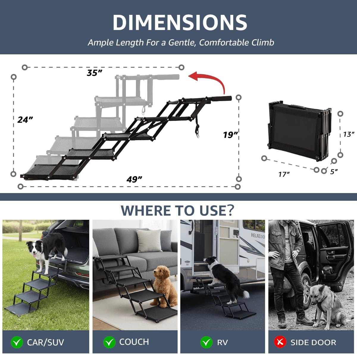 Foldable Dog Stairs for Large Dogs - Extra Wide Pet Ramp for Cars, SUV, Non-Slip Surface, Supports Up to 250 Lbs, 5
