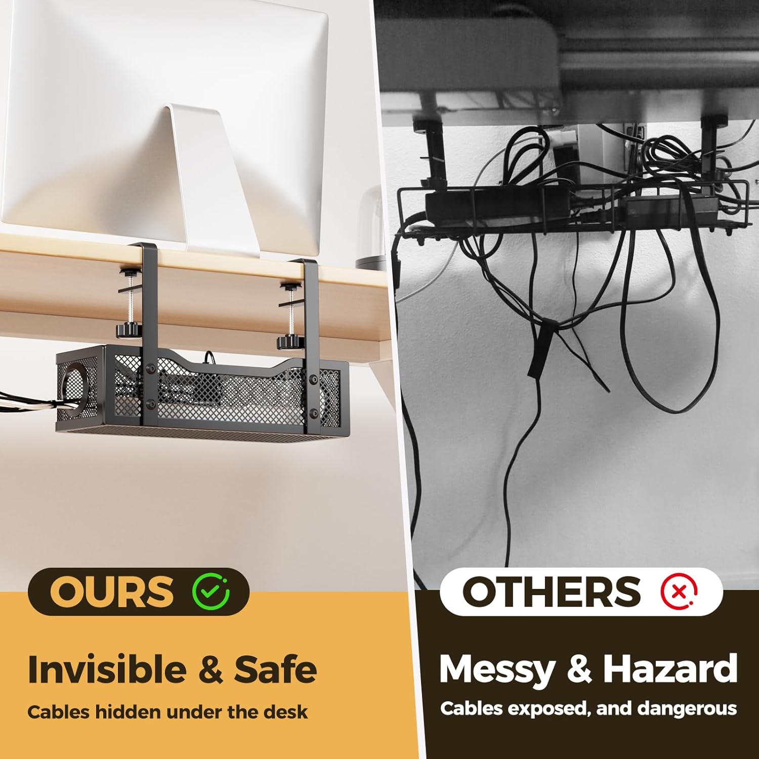 Under Desk Cable Management Tray Black, Cinati Wire Organizers No Drill, Cable Tray with Clamp for Wire Management