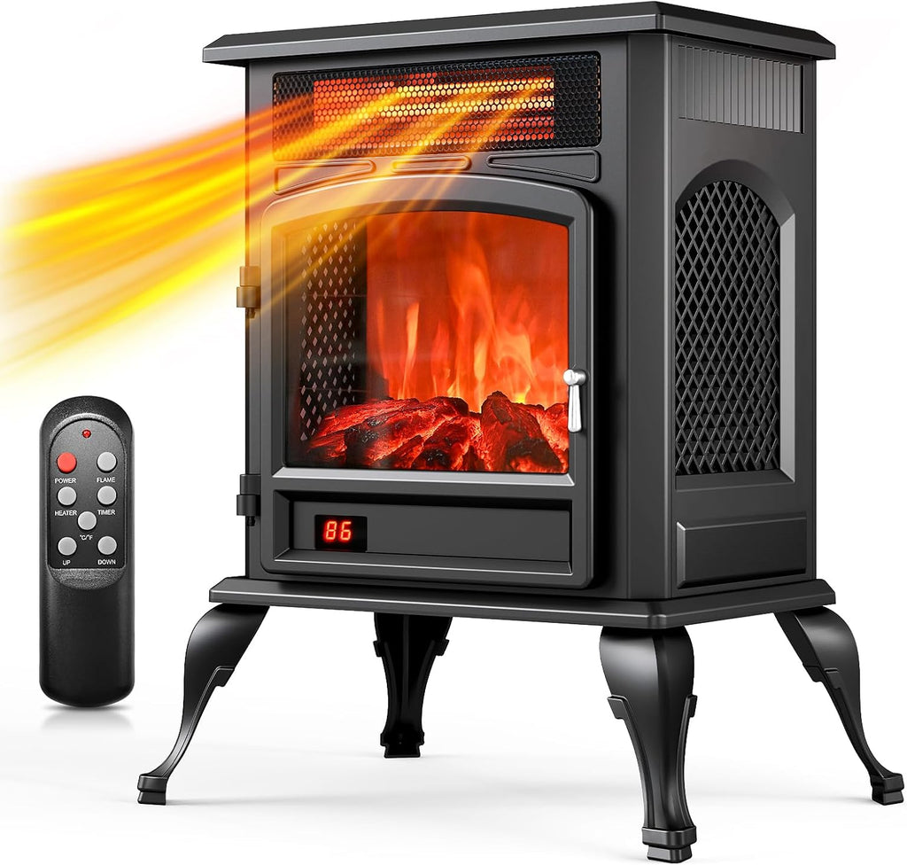 Electric Fireplace Stove Heater - Freestanding Electric Fireplace Heater with 3D Flame Effect, 1500W Infrared