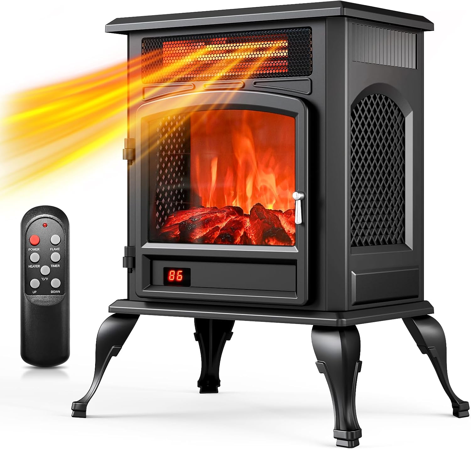 Electric Fireplace Stove Heater - Freestanding Electric Fireplace Heater with 3D Flame Effect, 1500W Infrared