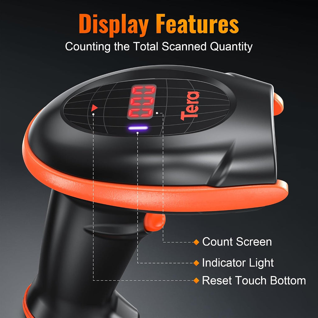Barcode Scanner Wireless with Cradle: 1D 2D QR Counting Screen, HW0008 | 2.4G Wireless & USB Wired, 640*480 CMOS