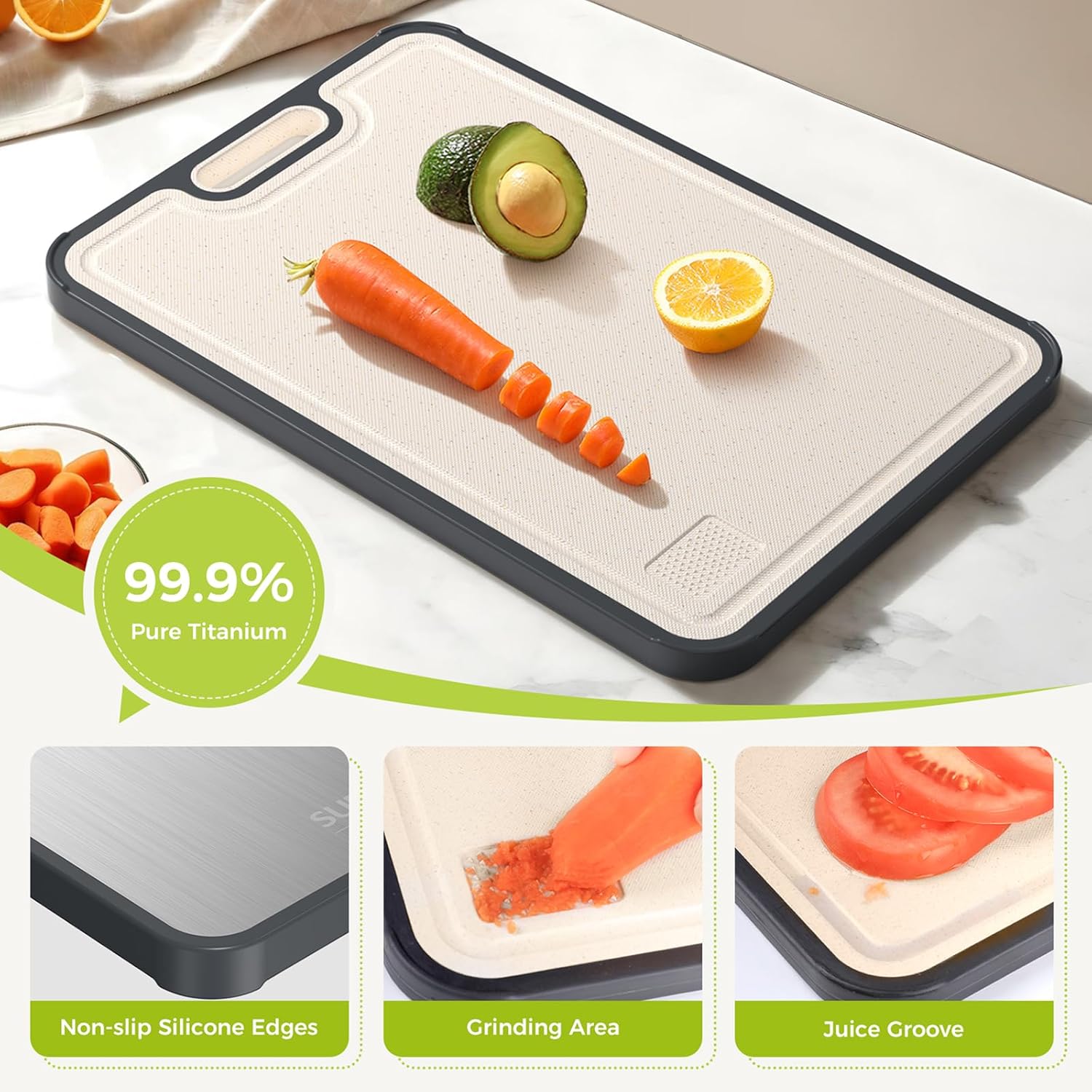 Titanium Cutting Board for Kitchen, Cutting Board Double Sided Food Grade, Pure Titanium/PP, Easy to Clean Large Size