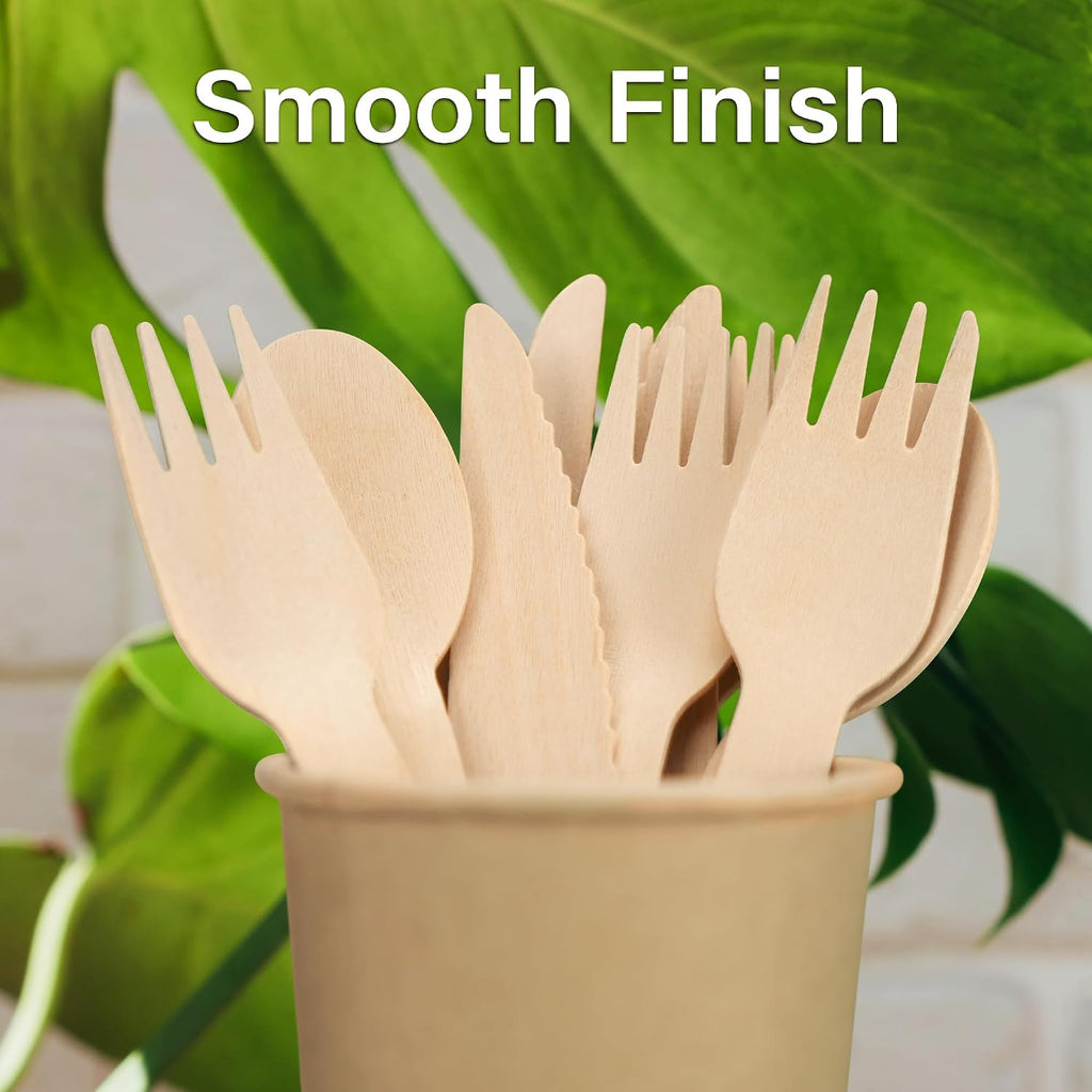 Disposable Cutlery Set, 200Pcs Wooden Compostable Utensils (100 Forks, 50 Spoons, 50 Knives) Eco-Friendly Forks And